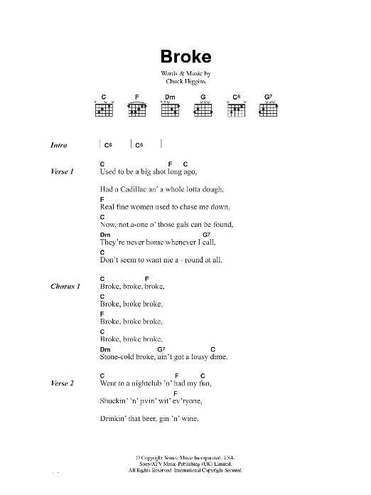 Chuck Higgins Broke Sheet Music Notes & Chords for Lyrics & Chords - Download or Print PDF