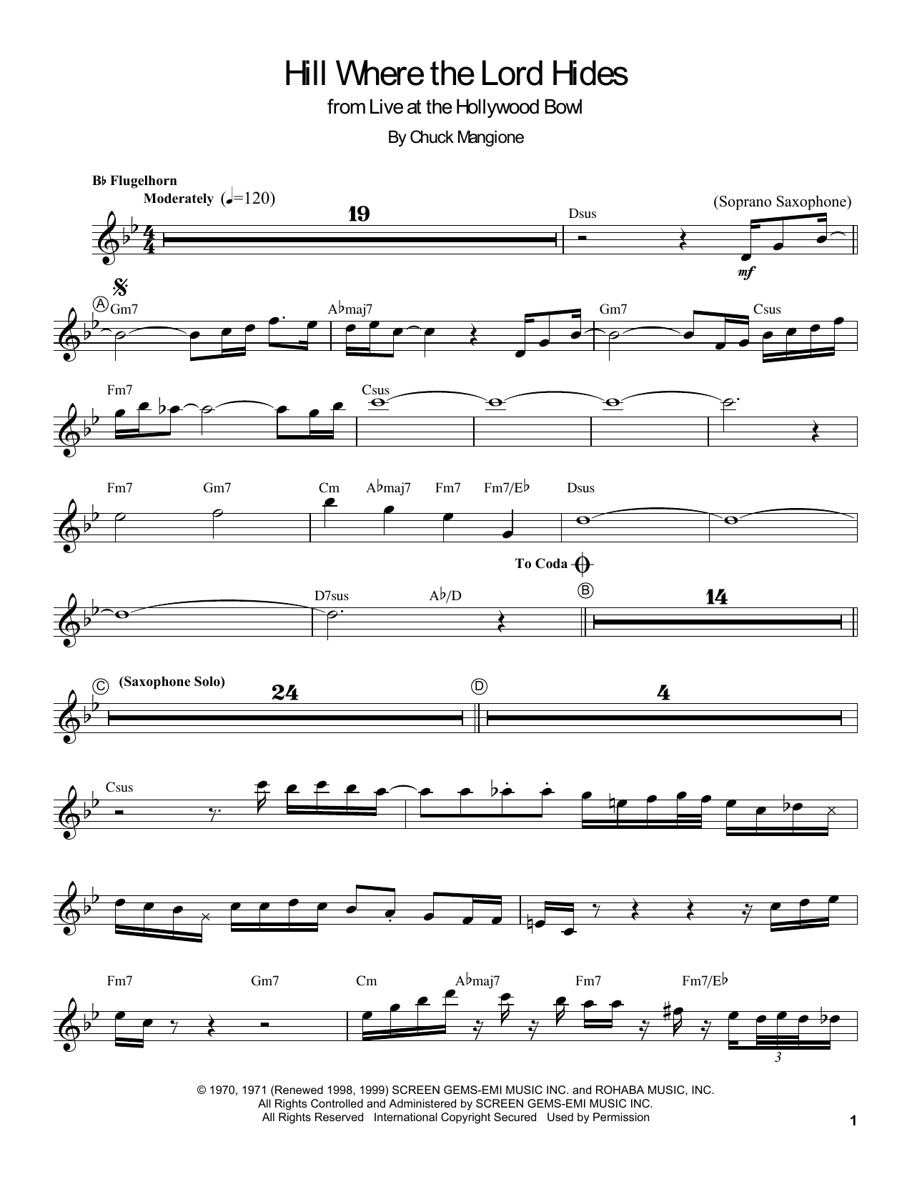 Chuck Mangione Hill Where The Lord Hides Sheet Music Notes & Chords for Trumpet Transcription - Download or Print PDF