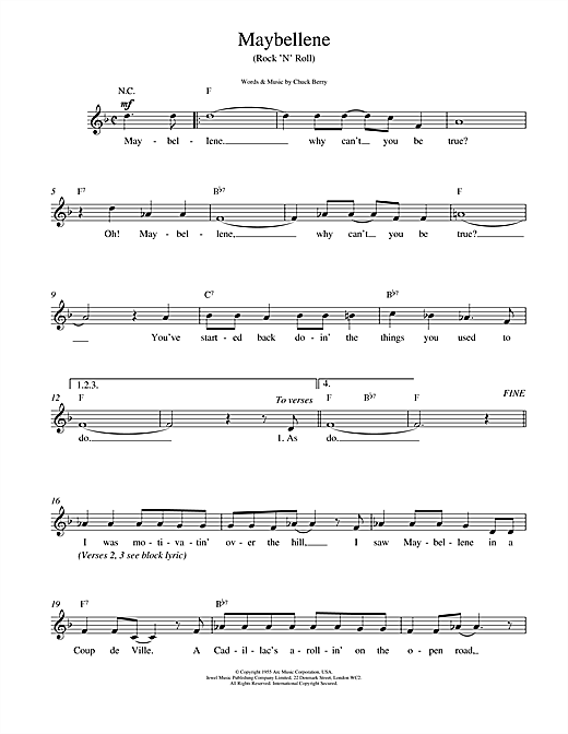Preview Chuck Berry Maybellene Pop sheet music, notes and chords for Melody Line, Lyrics & Chords, SKU: 14692 Maybellene sheet music