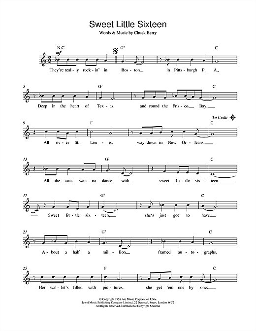 Preview Chuck Berry Sweet Little Sixteen Pop sheet music, notes and chords for Melody Line, Lyrics & Chords, SKU: 14843 Sweet Little Sixteen sheet music