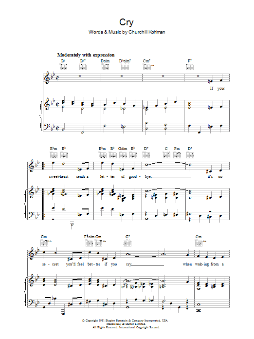 Churchill Kohlman Cry Sheet Music Notes & Chords for Piano, Vocal & Guitar (Right-Hand Melody) - Download or Print PDF