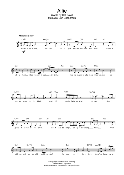 Preview Cilla Black Alfie Pop sheet music, notes and chords for Melody Line, Lyrics & Chords, SKU: 13926 Alfie sheet music