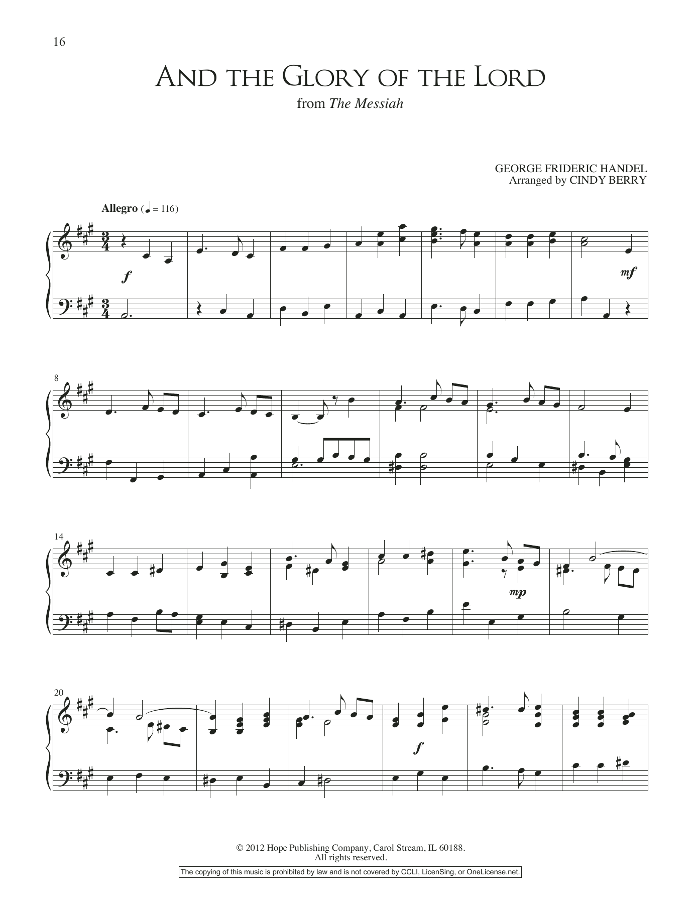 Cindy Berry And the Glory of the Lord Sheet Music Notes & Chords for Piano Solo - Download or Print PDF