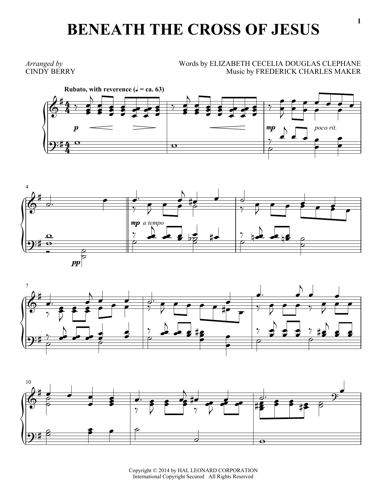 Cindy Berry Beneath The Cross Of Jesus Sheet Music Notes & Chords for Piano - Download or Print PDF