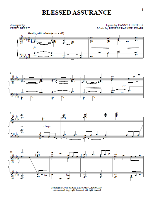 Cindy Berry Blessed Assurance Sheet Music Notes & Chords for Piano - Download or Print PDF