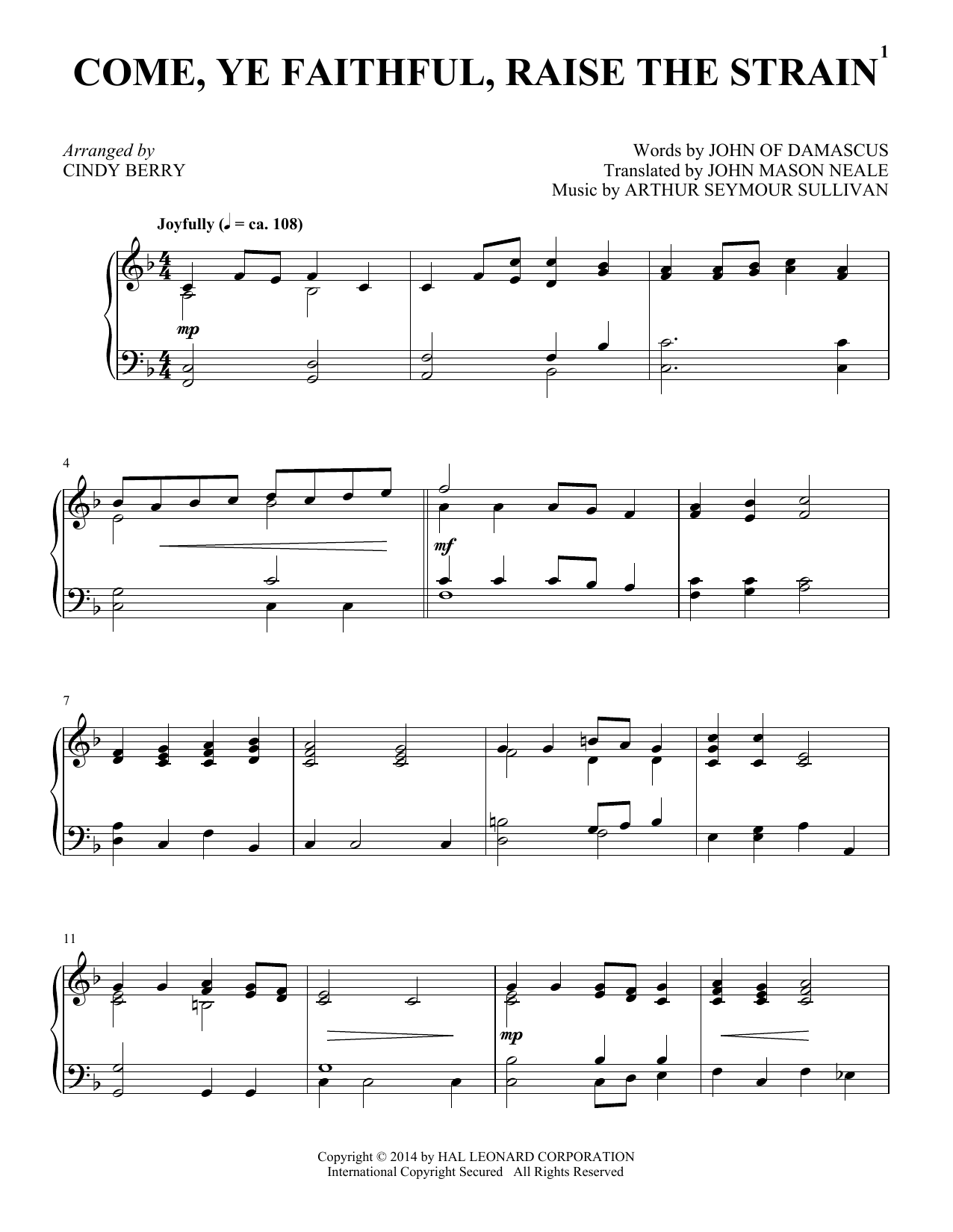 Cindy Berry Come, Ye Faithful, Raise The Strain Sheet Music Notes & Chords for Piano - Download or Print PDF