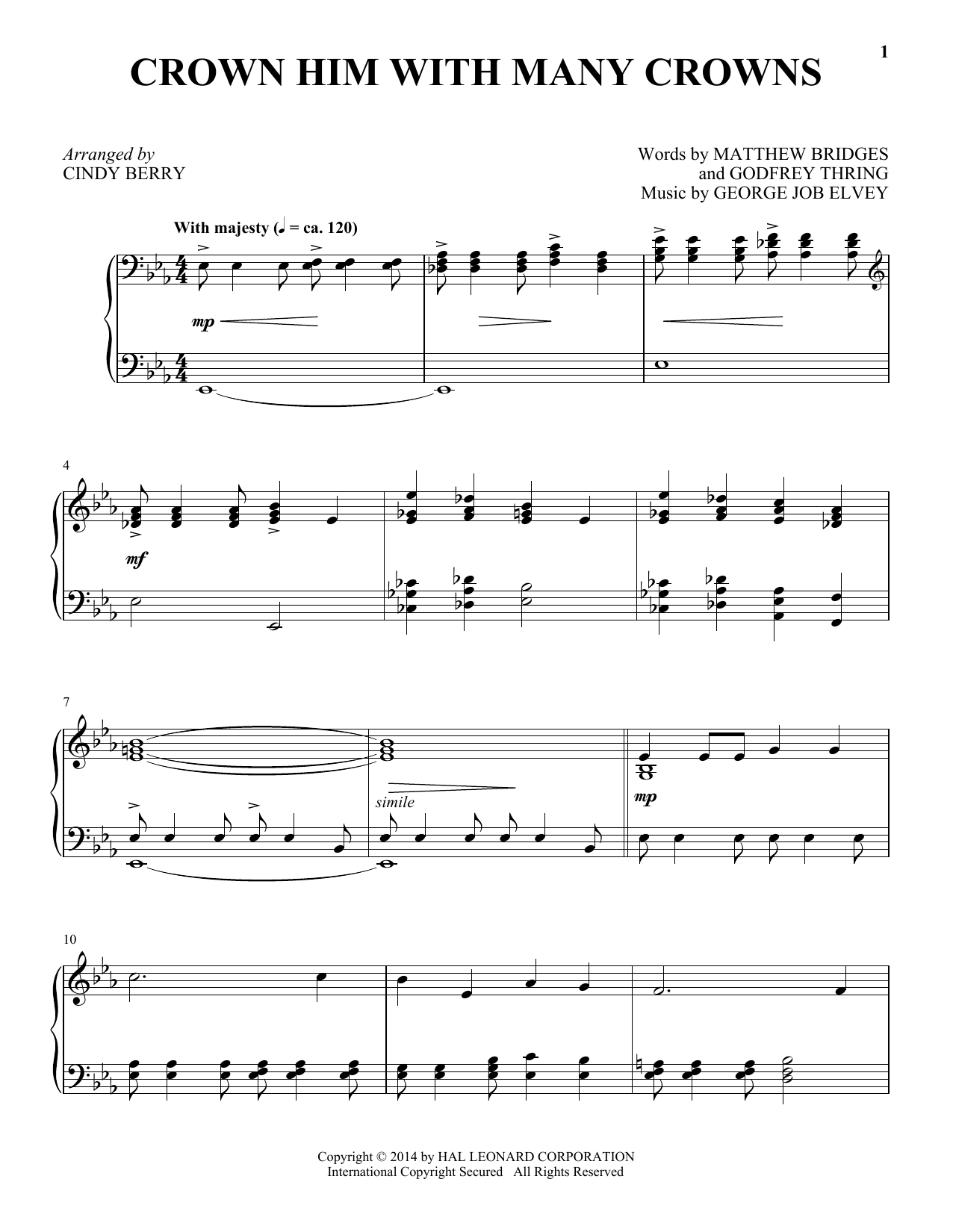 Cindy Berry Crown Him With Many Crowns Sheet Music Notes & Chords for Piano - Download or Print PDF