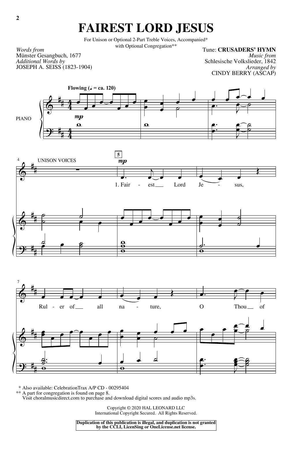 Cindy Berry Fairest Lord Jesus Sheet Music Notes & Chords for Unison Choir - Download or Print PDF