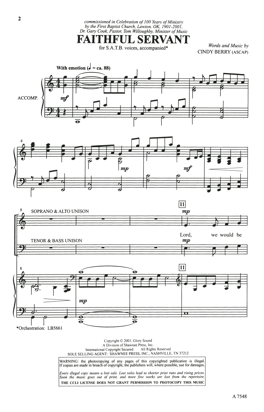 Cindy Berry Faithful Servant (arr. David Winkler) Sheet Music Notes & Chords for SATB Choir - Download or Print PDF