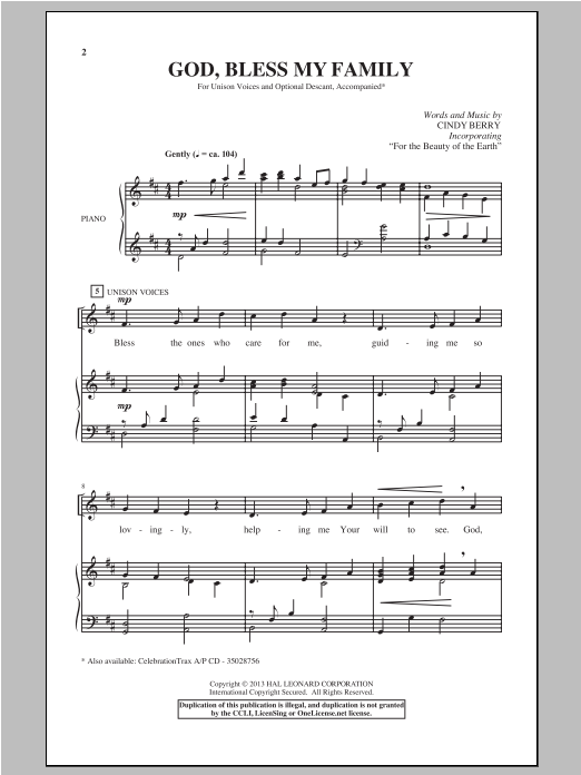 Cindy Berry God Bless My Family Sheet Music Notes & Chords for Unison Choral - Download or Print PDF