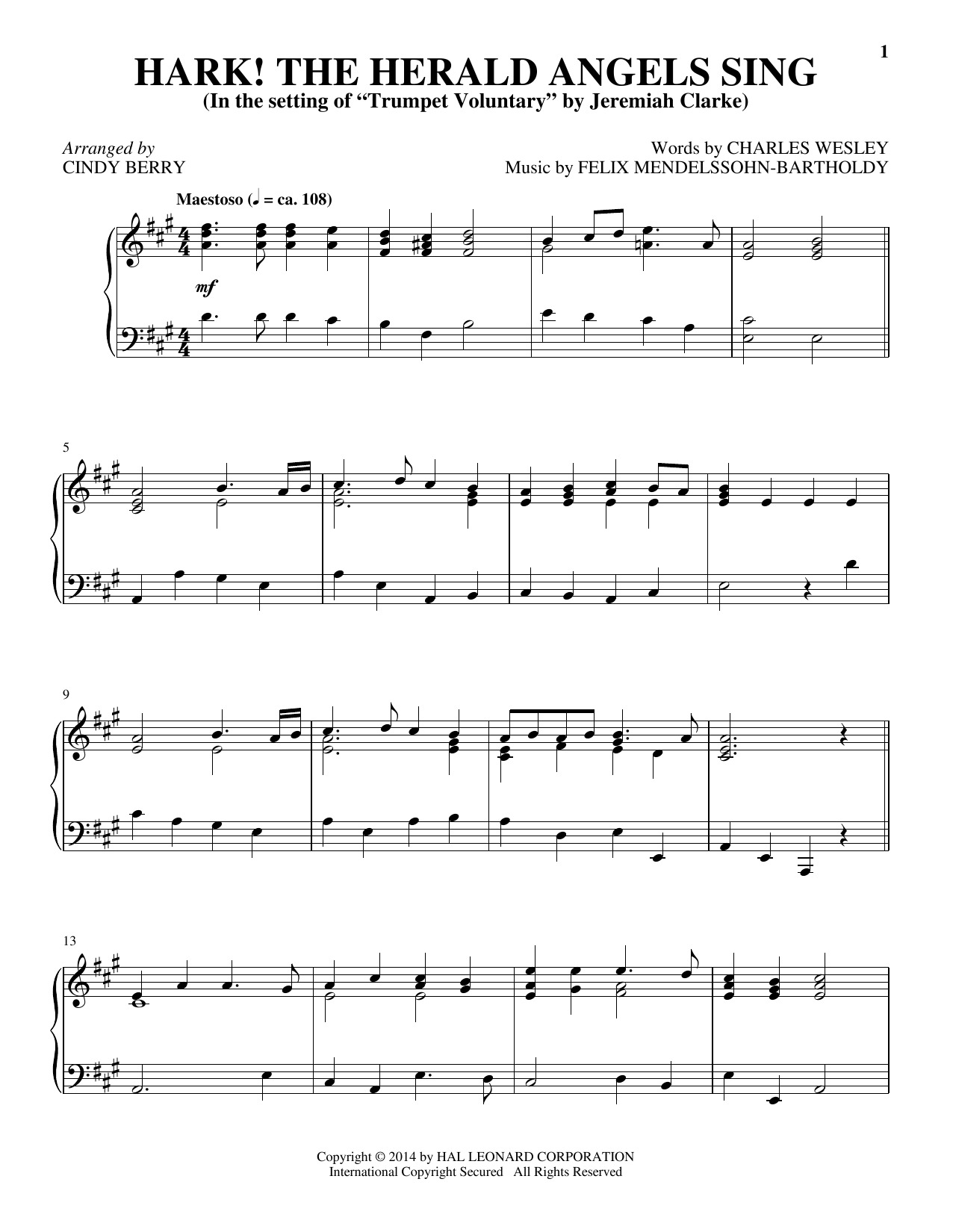Cindy Berry Hark! The Herald Angels Sing Sheet Music Notes & Chords for Piano - Download or Print PDF