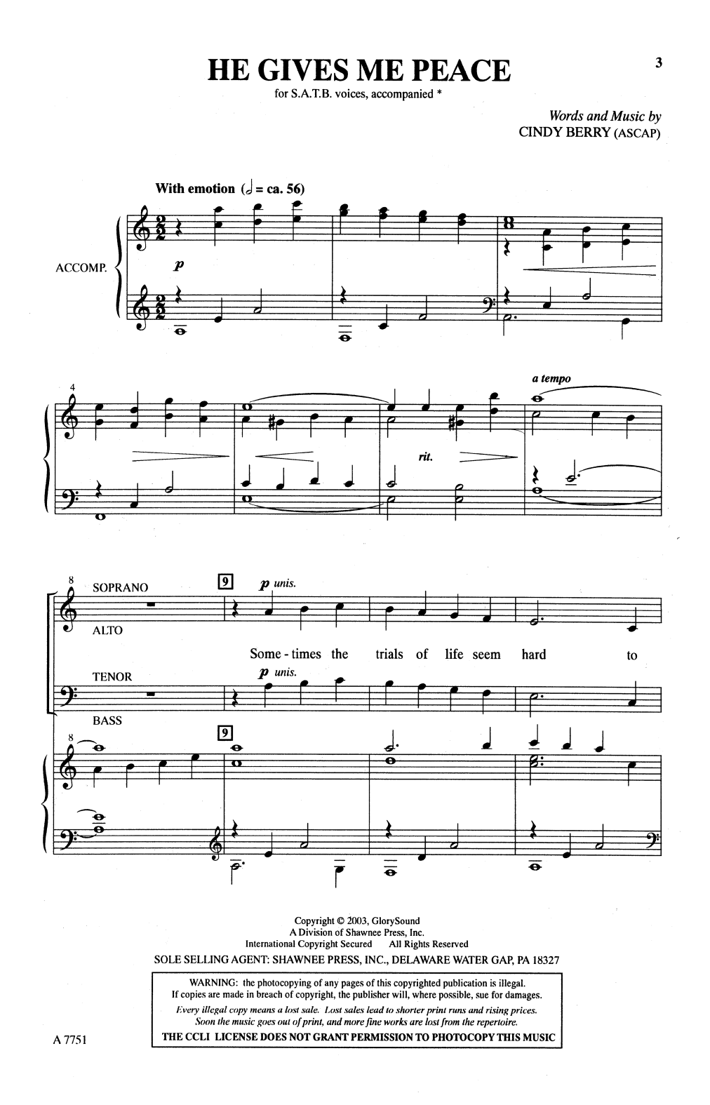 Cindy Berry He Gives Me Peace Sheet Music Notes & Chords for SATB Choir - Download or Print PDF