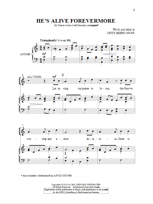 Cindy Berry He's Alive Forevermore Sheet Music Notes & Chords for Unison Choral - Download or Print PDF