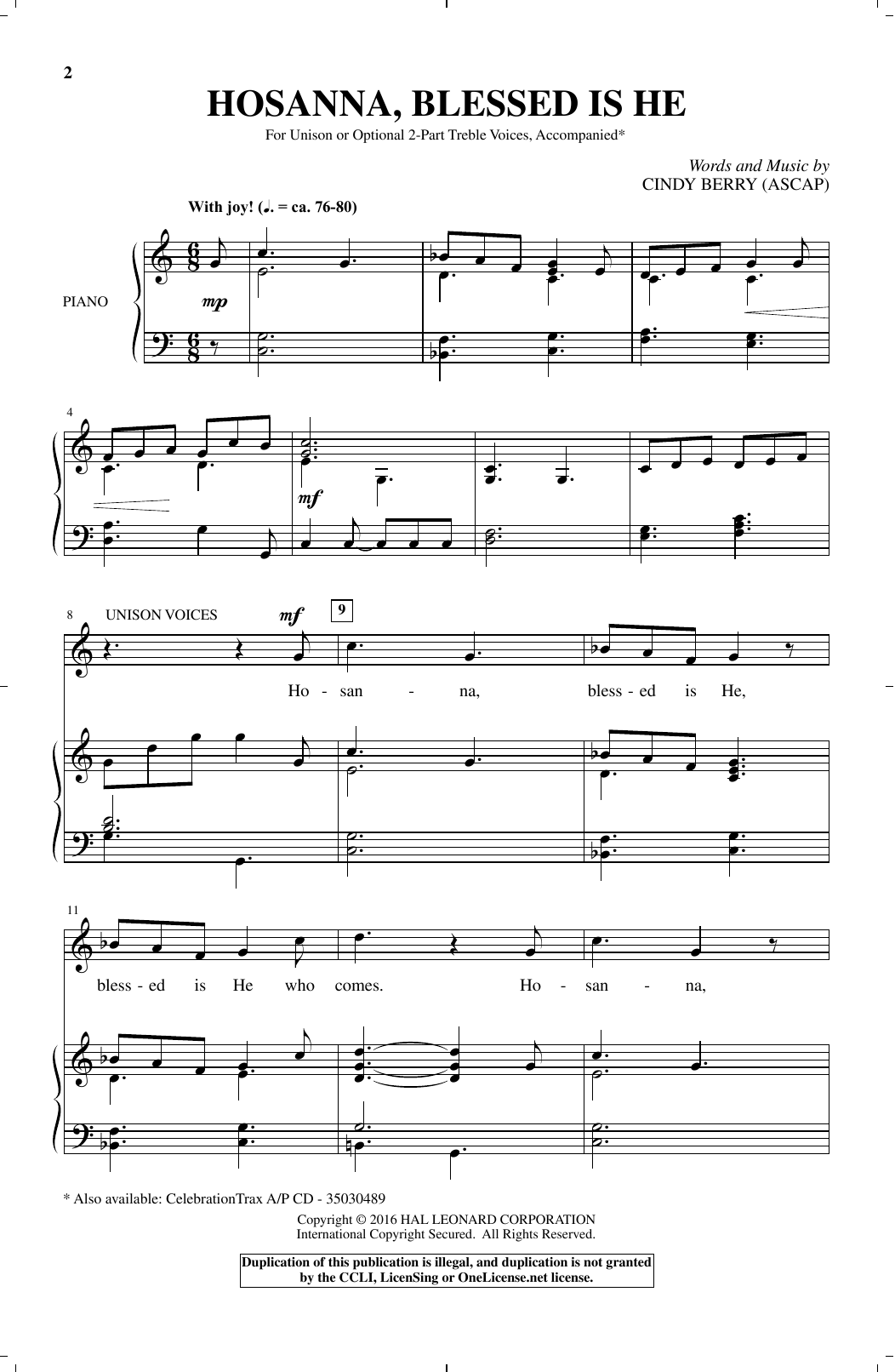 Cindy Berry Hosanna, Blessed Is He Sheet Music Notes & Chords for Unison Choral - Download or Print PDF
