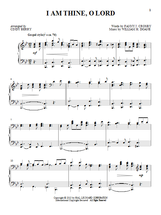 Cindy Berry I Am Thine, O Lord Sheet Music Notes & Chords for Piano - Download or Print PDF