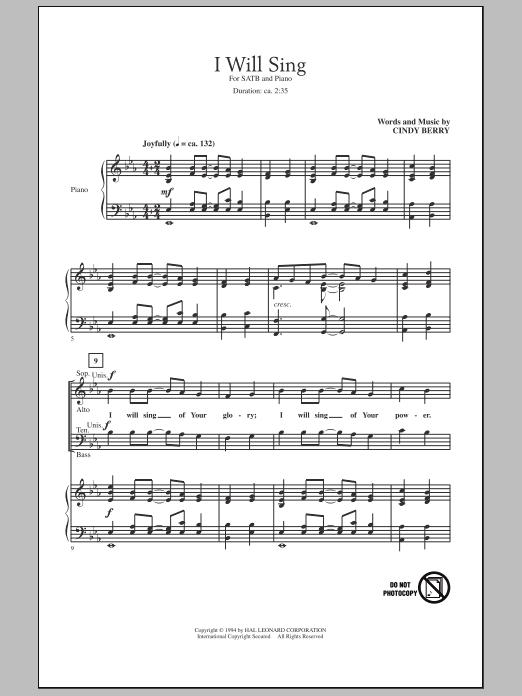 Cindy Berry I Will Sing Sheet Music Notes & Chords for SATB - Download or Print PDF