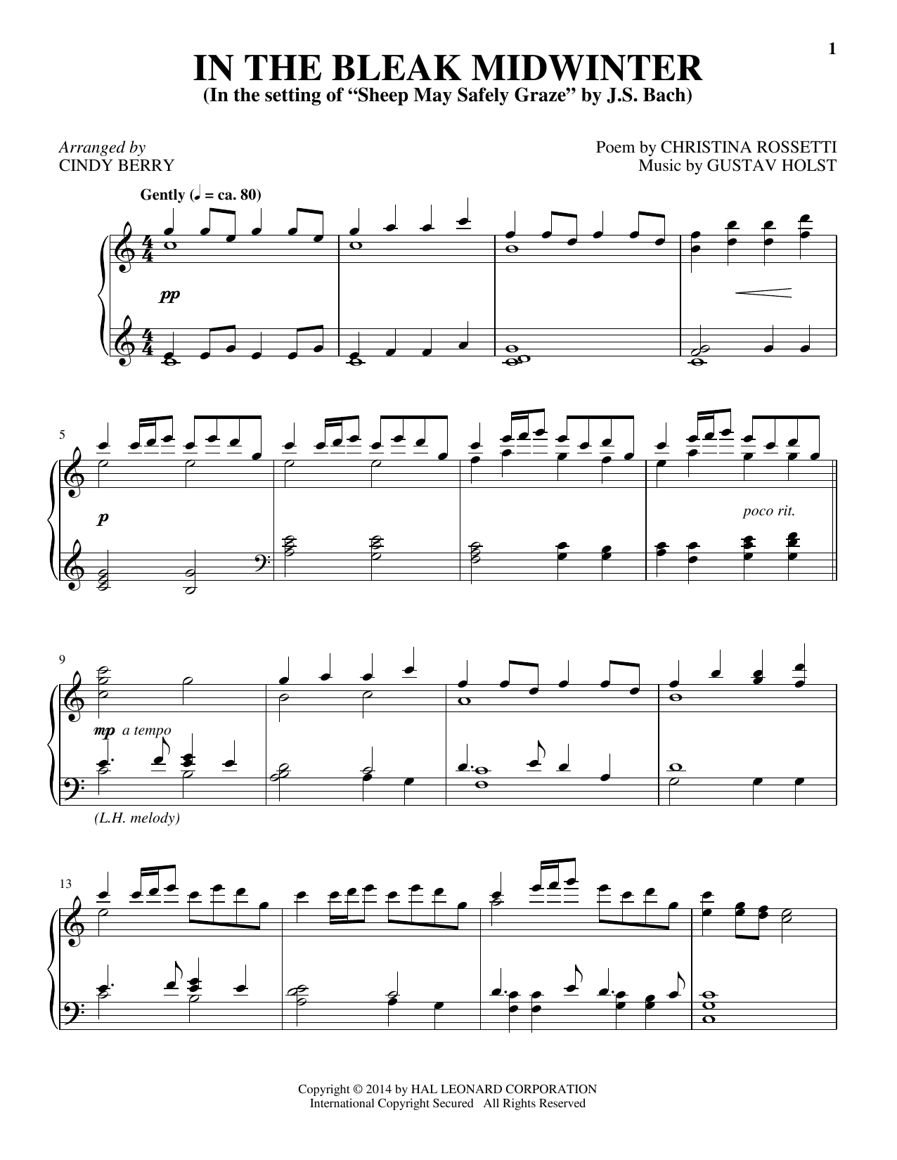 Cindy Berry In The Bleak Midwinter Sheet Music Notes & Chords for Piano - Download or Print PDF