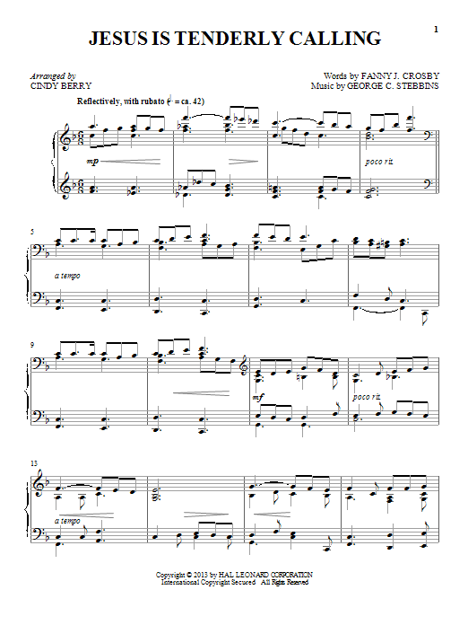 Cindy Berry Jesus Is Tenderly Calling Sheet Music Notes & Chords for Piano - Download or Print PDF