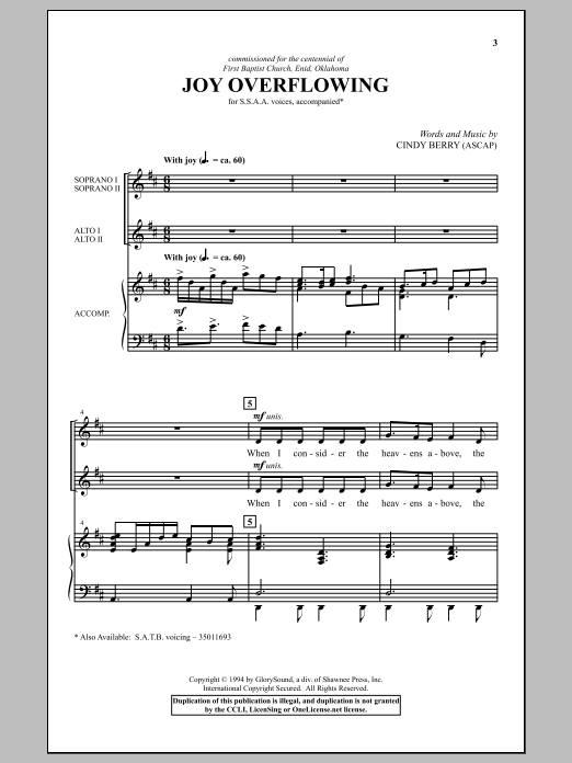 Cindy Berry Joy Overflowing Sheet Music Notes & Chords for SSA - Download or Print PDF