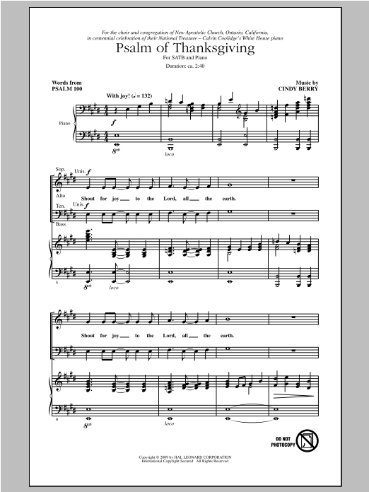 Cindy Berry Psalm Of Thanksgiving Sheet Music Notes & Chords for SATB - Download or Print PDF