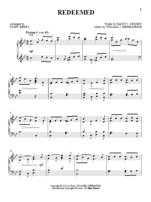 Cindy Berry Redeemed Sheet Music Notes & Chords for Piano - Download or Print PDF