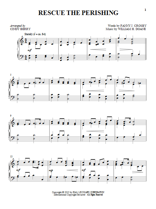 Cindy Berry Rescue The Perishing Sheet Music Notes & Chords for Piano - Download or Print PDF