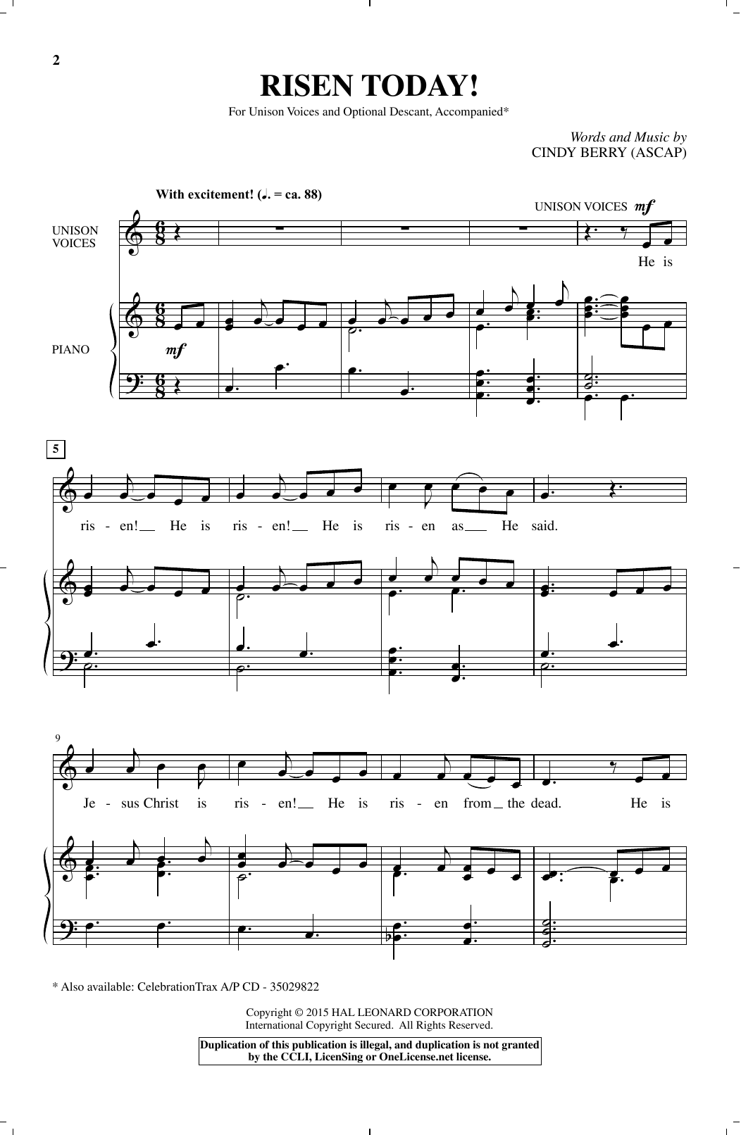 Cindy Berry Risen Today! Sheet Music Notes & Chords for Choral - Download or Print PDF