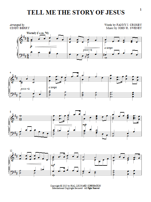 Cindy Berry Tell Me The Story Of Jesus Sheet Music Notes & Chords for Piano - Download or Print PDF Cindy Berry Tell Me The Story Of Jesus Sheet Music Notes & Chords for Piano - Download or Print PDF