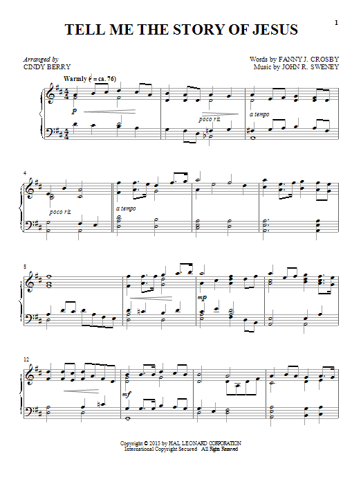 Cindy Berry Tell Me The Story Of Jesus Sheet Music Notes & Chords for Piano - Download or Print PDF