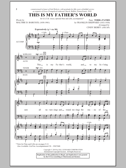Cindy Berry This Is My Father's World Sheet Music Notes & Chords for SATB - Download or Print PDF