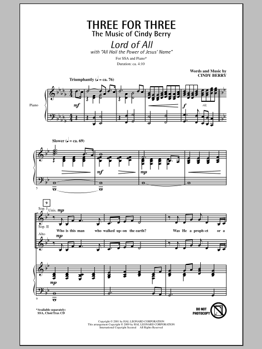 Cindy Berry Three For Three - Three Songs For Three Parts - Volume 1 Sheet Music Notes & Chords for SSA - Download or Print PDF