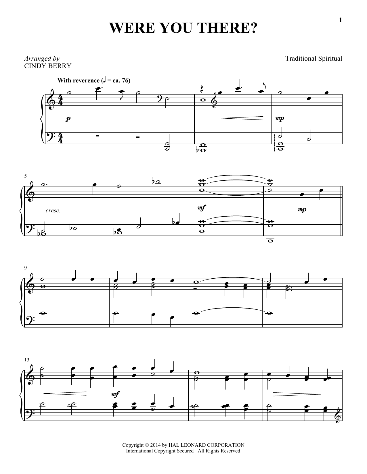 Cindy Berry Were You There? Sheet Music Notes & Chords for Piano - Download or Print PDF