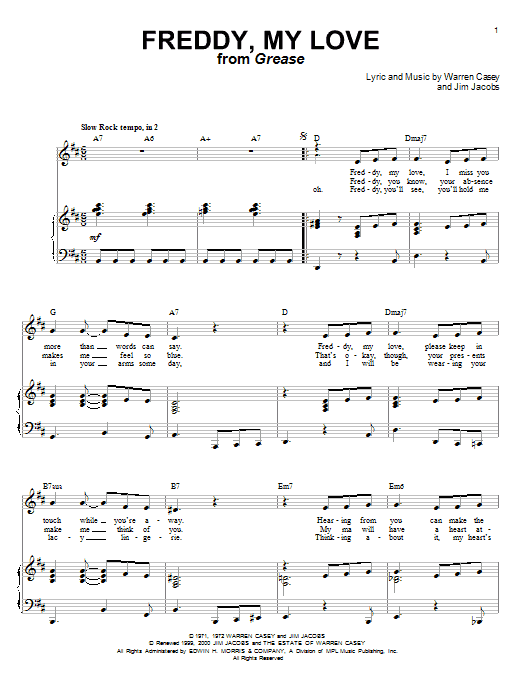 Cindy Bullens Freddy, My Love Sheet Music Notes & Chords for Piano, Vocal & Guitar (Right-Hand Melody) - Download or Print PDF