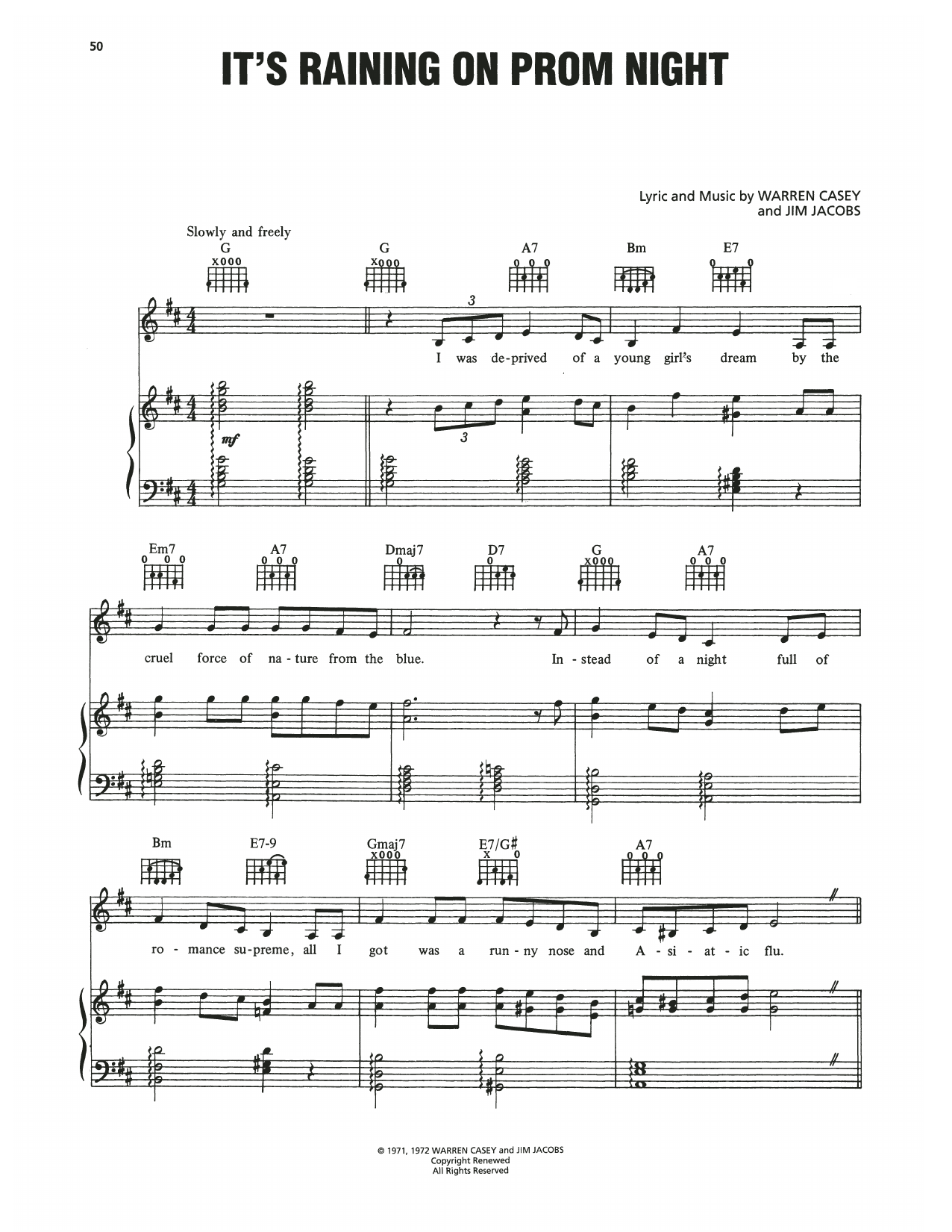 Cindy Bullens It's Raining On Prom Night (from Grease) Sheet Music Notes & Chords for Piano, Vocal & Guitar (Right-Hand Melody) - Download or Print PDF