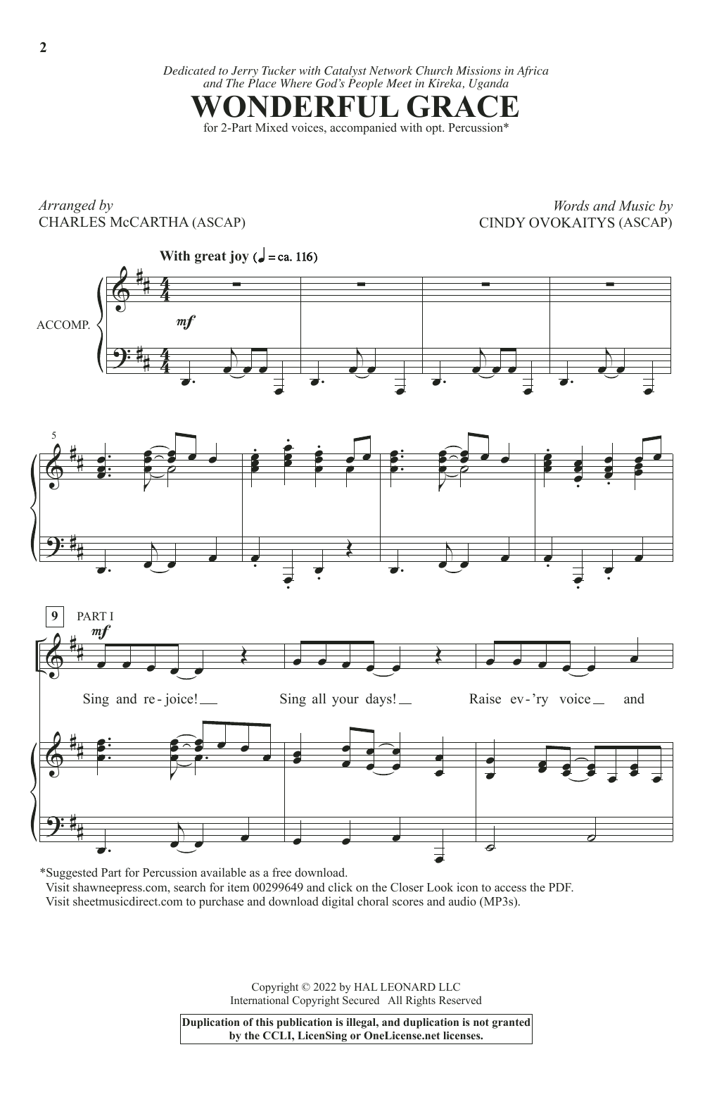 Cindy Ovokaitys Wonderful Grace (arr. Charles McCartha) Sheet Music Notes & Chords for 2-Part Choir - Download or Print PDF