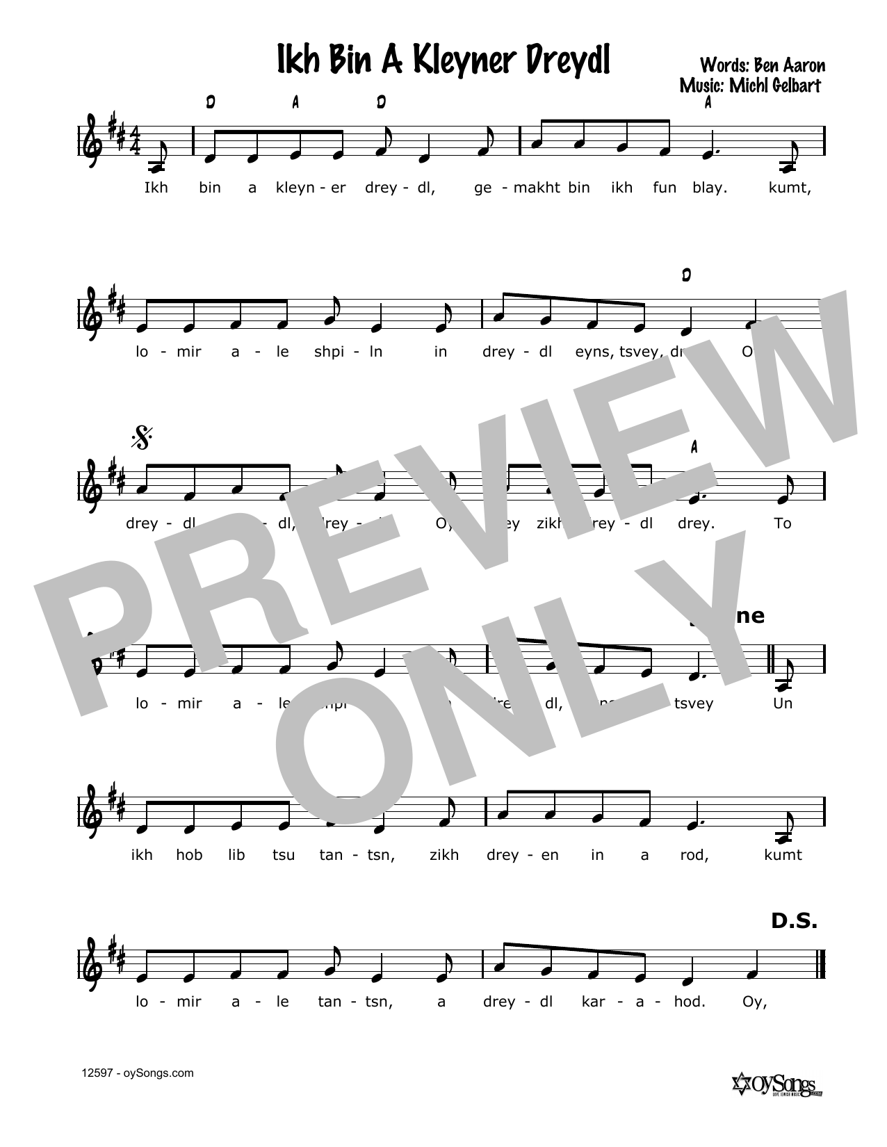 Cindy Paley Ikh Bin A Kleyner Dreydl Sheet Music Notes & Chords for Melody Line, Lyrics & Chords - Download or Print PDF