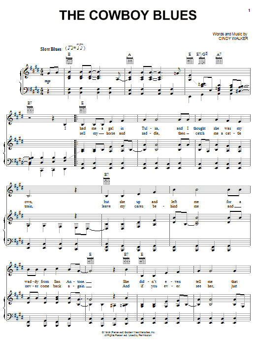 Cindy Walker The Cowboy Blues Sheet Music Notes & Chords for Piano, Vocal & Guitar (Right-Hand Melody) - Download or Print PDF