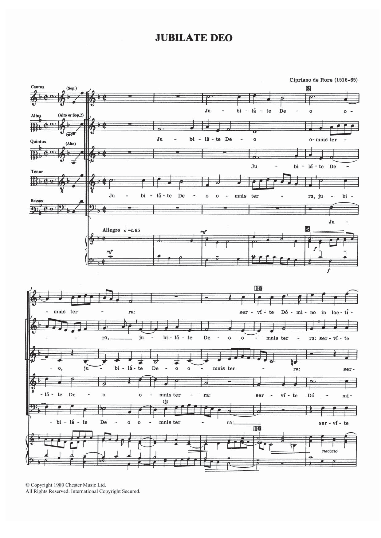 Cipriano de Rore Jubilate Deo Sheet Music Notes & Chords for Choral SAATB - Download or Print PDF