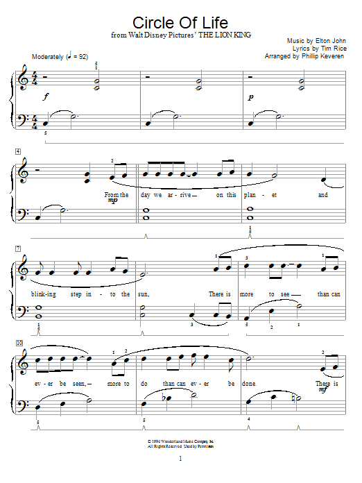 Preview Elton John Circle Of Life Pop sheet music, notes and chords for Melody Line, Lyrics & Chords, SKU: 176939 sheet music, piano notes, chords, guitar tabs, score, transpose, transcribe, how to play, guide, download, learn, tutorial, progression, song, artist, awards, billboard, mtv, vh1, tour, single, album, release