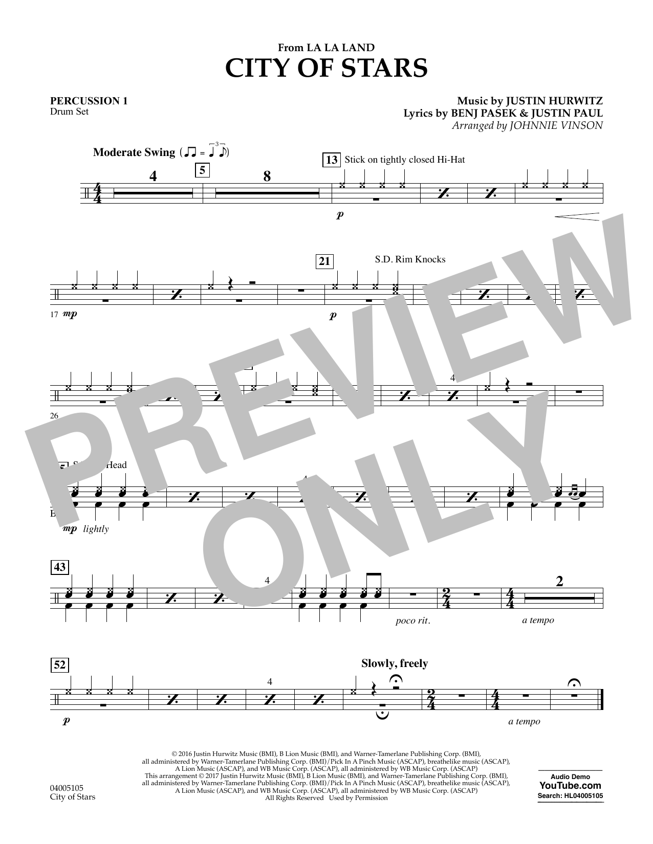 Johnnie Vinson City Of Stars From La La Land Percussion 1 Sheet Music Download Pdf Score 367515