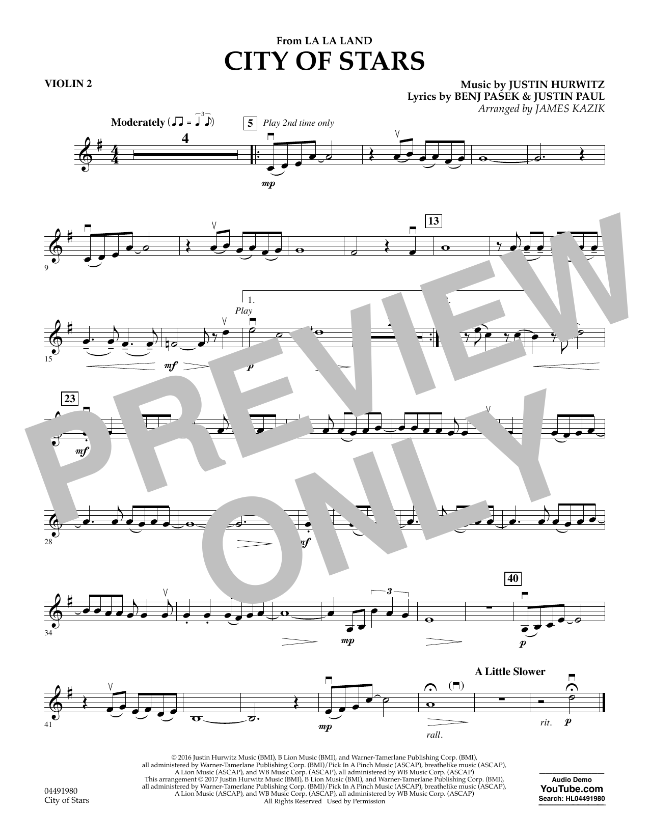 James Kazik City Of Stars From La La Land Violin 2 Sheet Music Download Pdf Score 367682