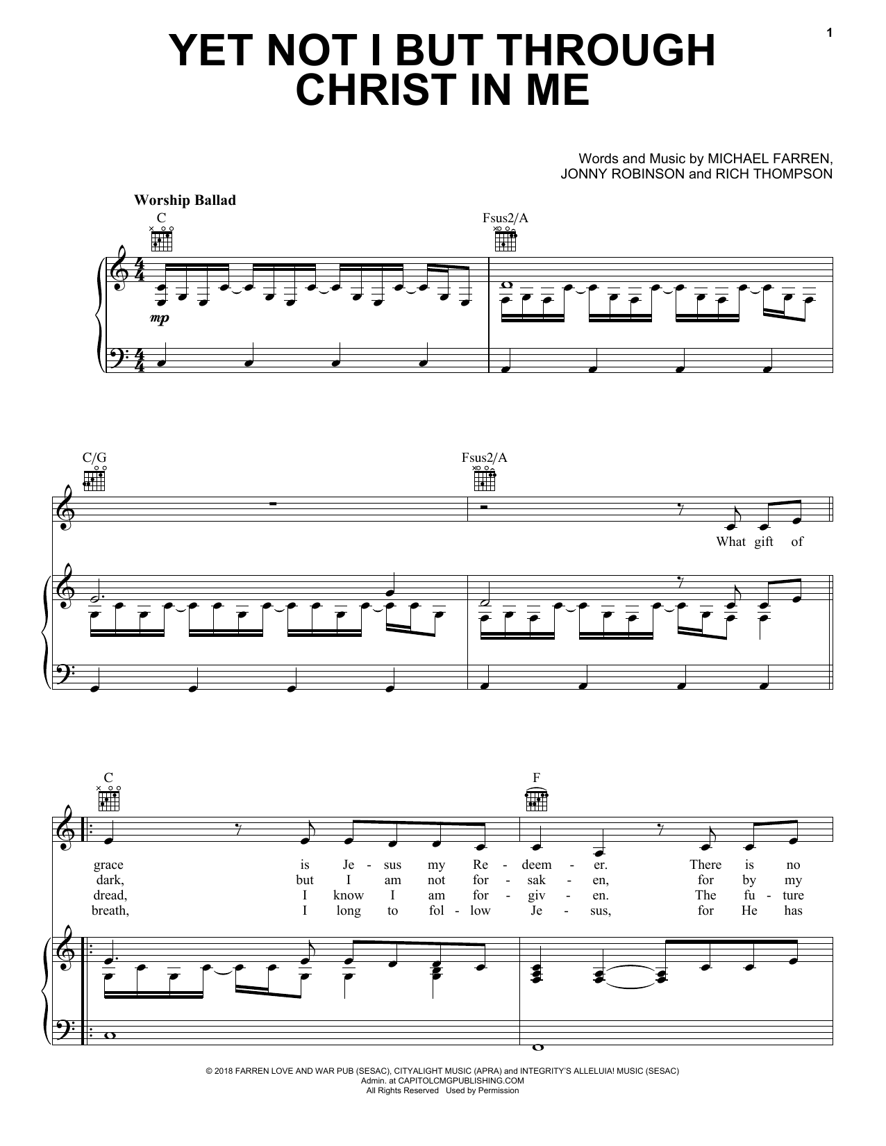 CityAlight Yet Not I But Through Christ In Me Sheet Music Notes & Chords for Piano, Vocal & Guitar (Right-Hand Melody) - Download or Print PDF