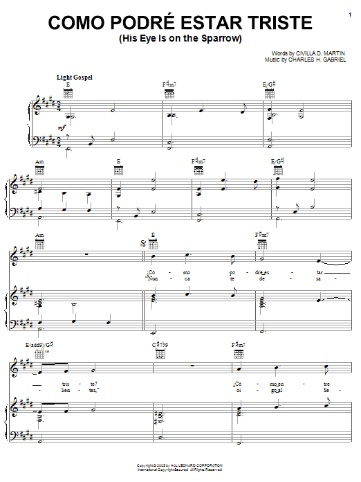 Civilla D. Martin Como Podre Estar Triste (His Eye Is On The Sparrow) Sheet Music Notes & Chords for Piano, Vocal & Guitar (Right-Hand Melody) - Download or Print PDF