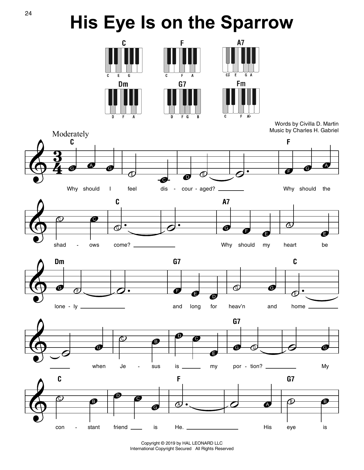 Preview Civilla D. Martin His Eye Is On The Sparrow Sacred sheet music, notes and chords for Super Easy Piano, SKU: 409560 His Eye Is On The Sparrow sheet music