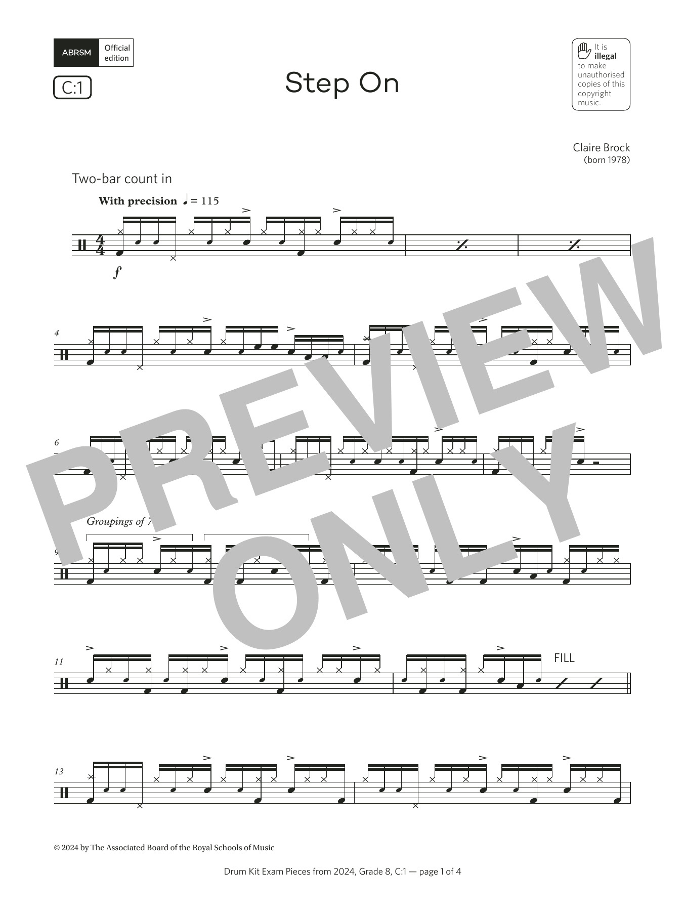 Claire Brock Step On (Grade 8, list C1, from the ABRSM Drum Kit Syllabus 2024) Sheet Music Notes & Chords for Drums - Download or Print PDF