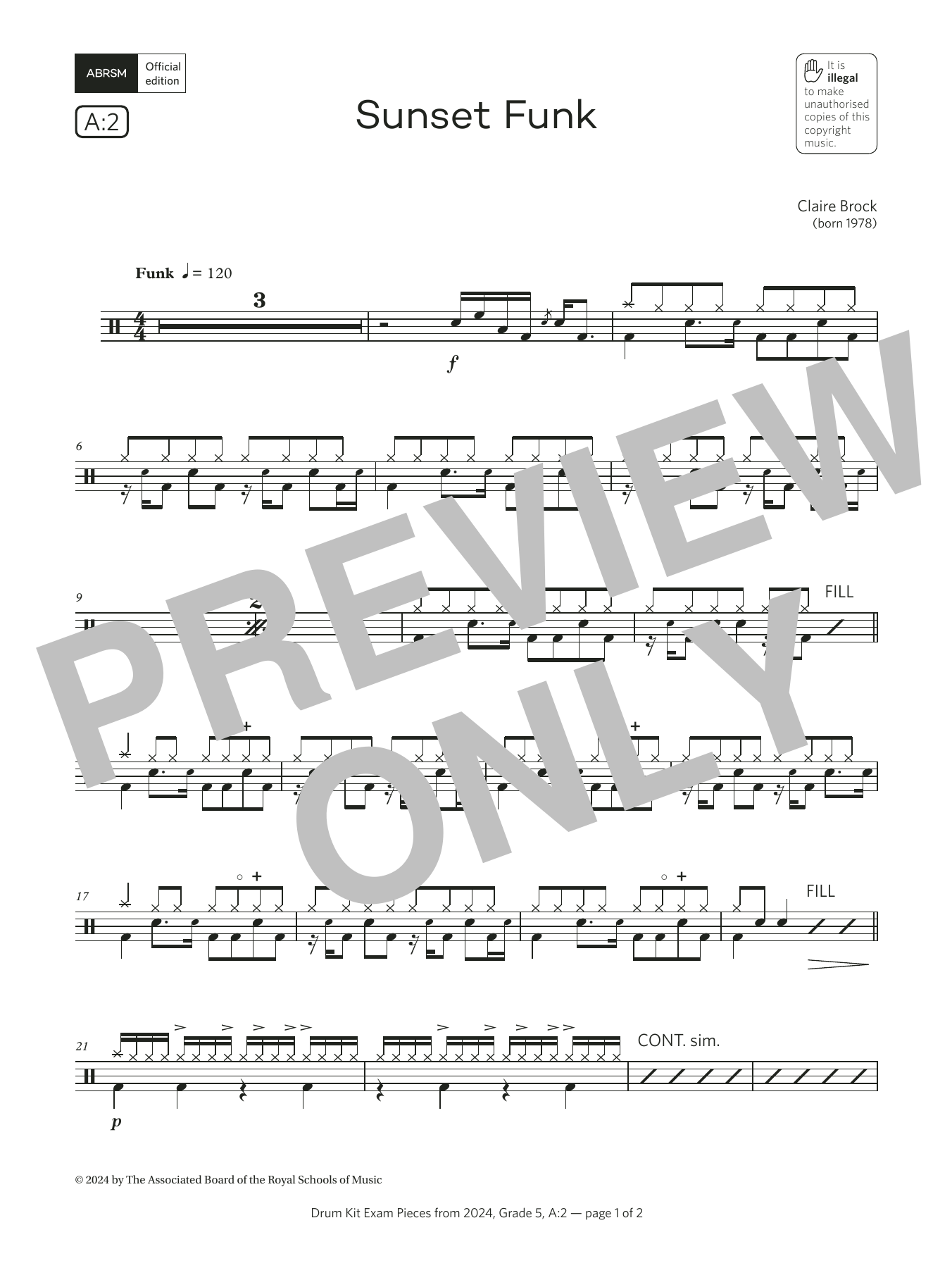 Claire Brock Sunset Funk (Grade 5, list A2, from the ABRSM Drum Kit Syllabus 2024) Sheet Music Notes & Chords for Drums - Download or Print PDF