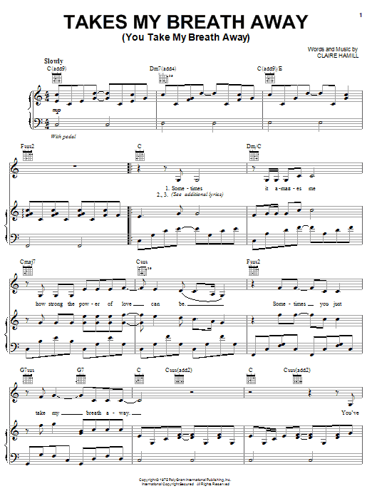 Claire Hamill Takes My Breath Away (You Take My Breath Away) Sheet Music Notes & Chords for Piano, Vocal & Guitar (Right-Hand Melody) - Download or Print PDF