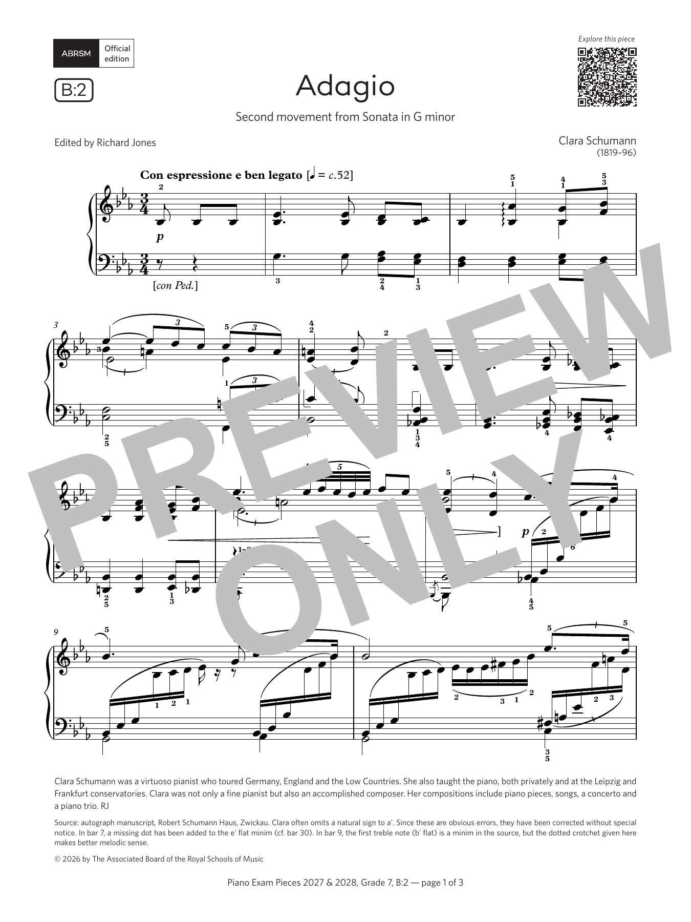 Clara Schumann Adagio (Grade 7, list B2, from the ABRSM Piano Syllabus 2027 & 2028) Sheet Music Notes & Chords for Piano Solo - Download or Print PDF
