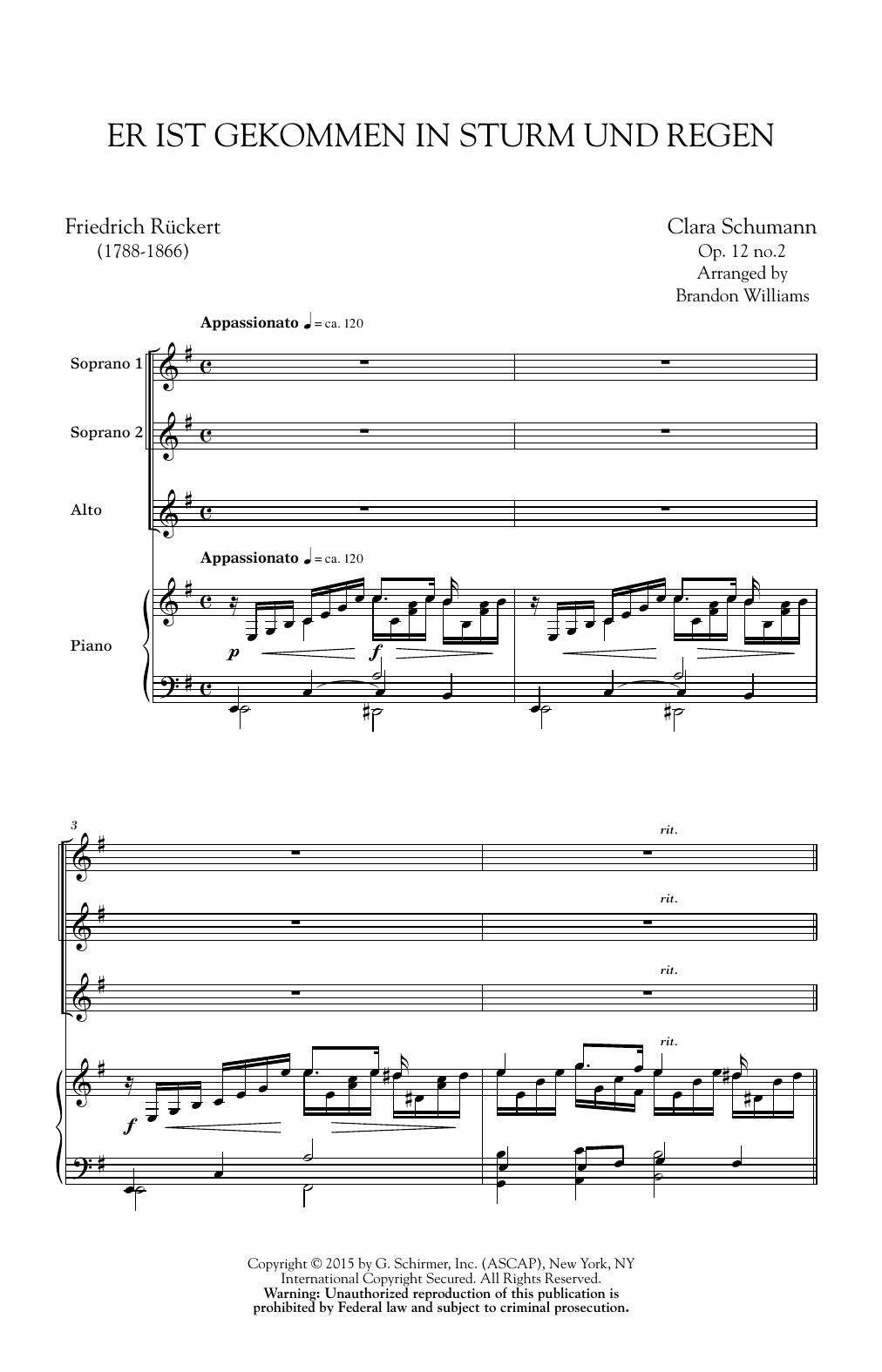 Clara Schumann Er Ist Gekommen In Sturm Und Regen (arr. Brandon Williams) Sheet Music Notes & Chords for SSA - Download or Print PDF