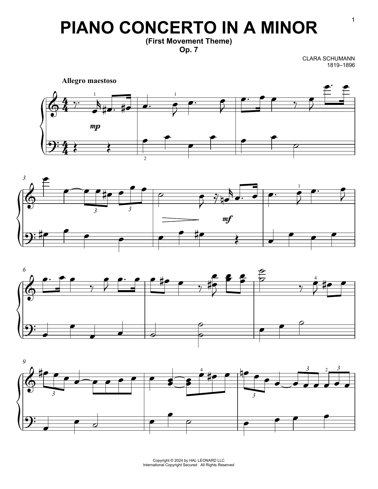Clara Schumann Piano Concerto In A Minor, Op. 7, First Movement Sheet Music Notes & Chords for Easy Piano - Download or Print PDF